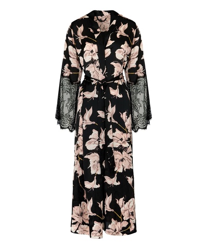 Kimono long en satin et dentelle - Noir