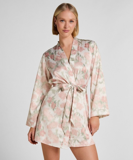Kimono Satiné à Imprimé Floral - Blanc